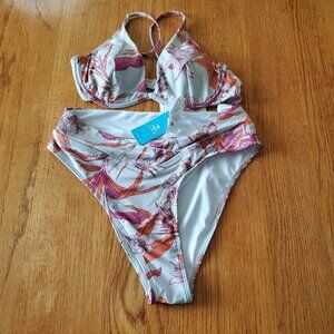 Cupshe Two Piece Floral Silver Metallic High Waist Leg Bikini Size Medium NWT